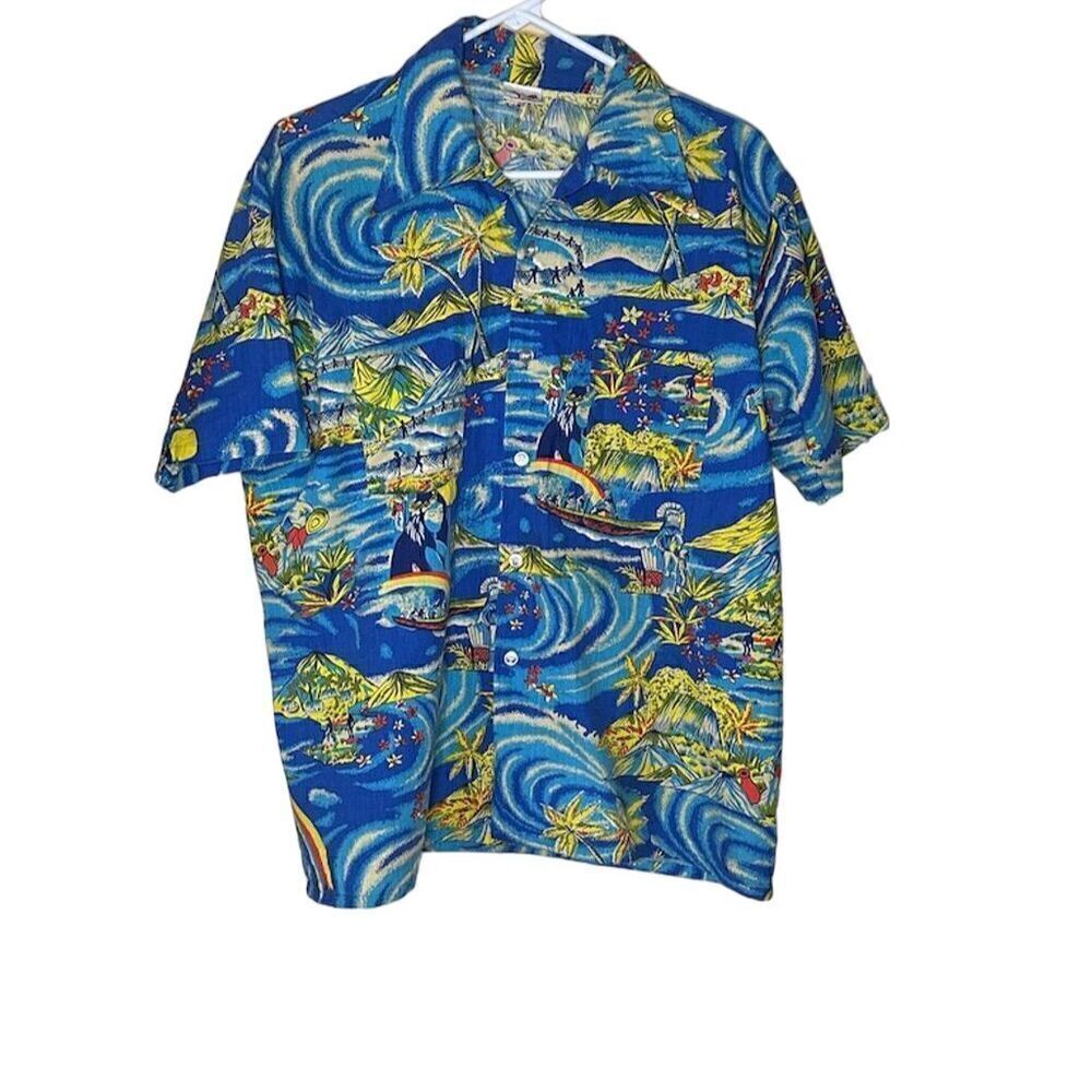 Vintage Youngbloods Hawaiian Shirt Blue Graphic Print Men's Tropical Button-Up